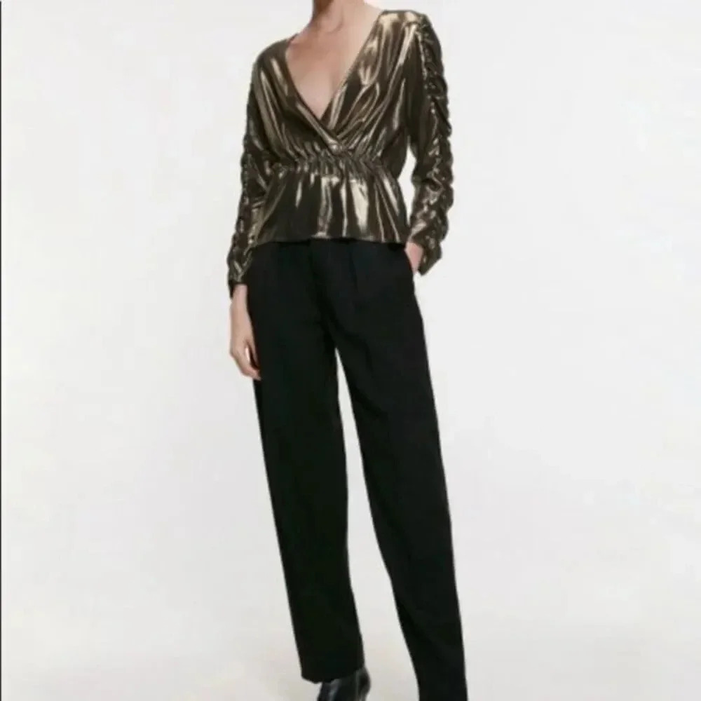 ZARA GOLD METALLIC EFFECT BLOUSE TOP WITH GATHERING - Picture 5 of 8